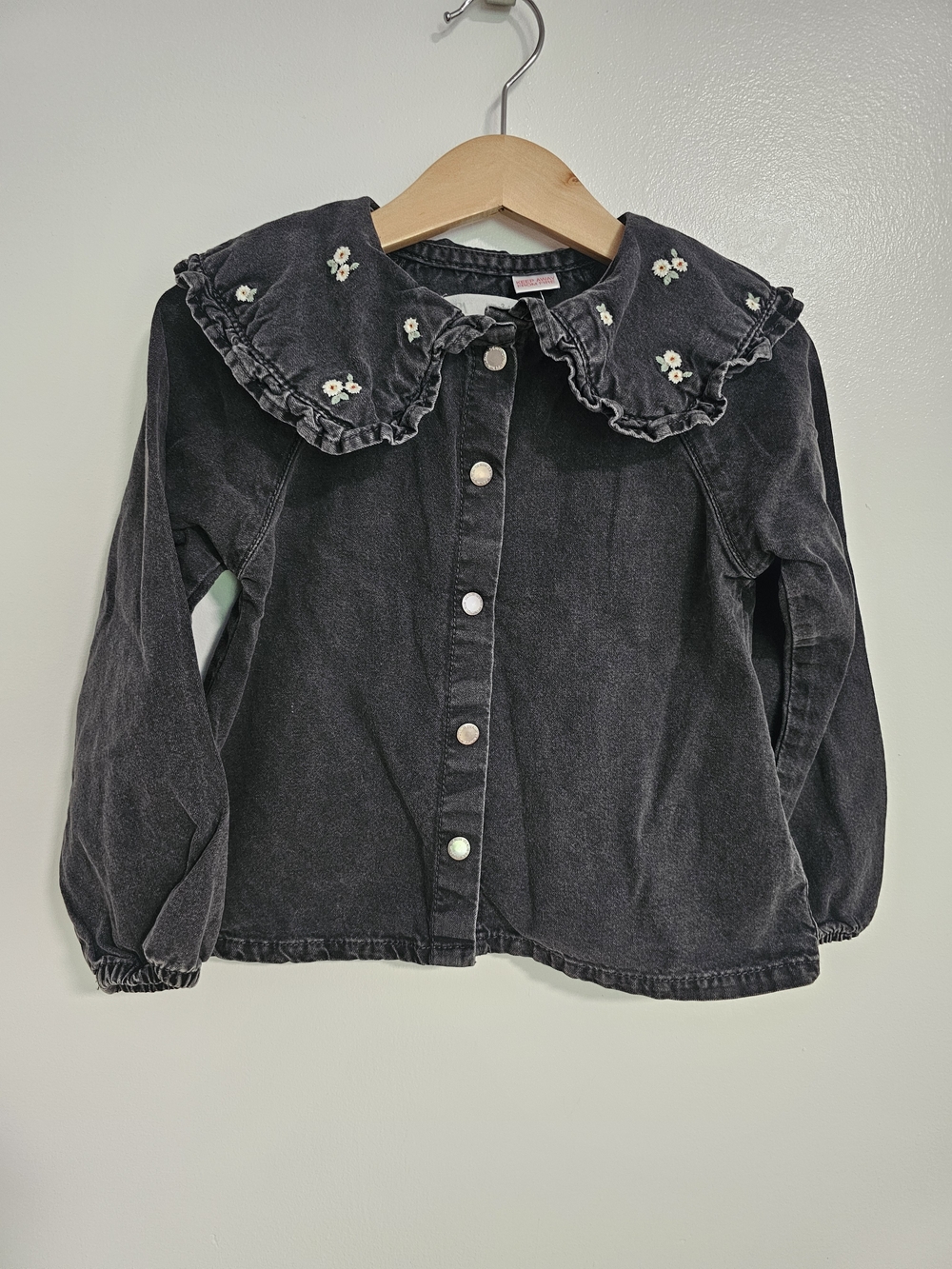 🧸2/20$ Zara Kids Black Floral Embroidered Collar Blouse Size 3-4T Girl Denim